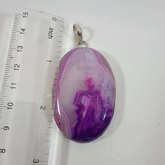 Handmade Silver Pendant with Polished Purple Agate Slice - Picture 3 of 10